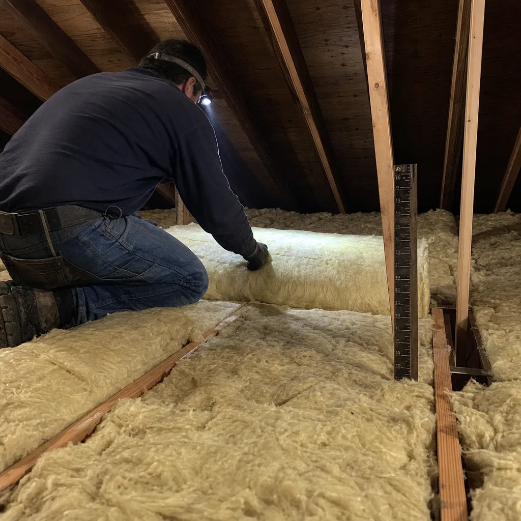 Professional contractor installing fiberglass attic insulation