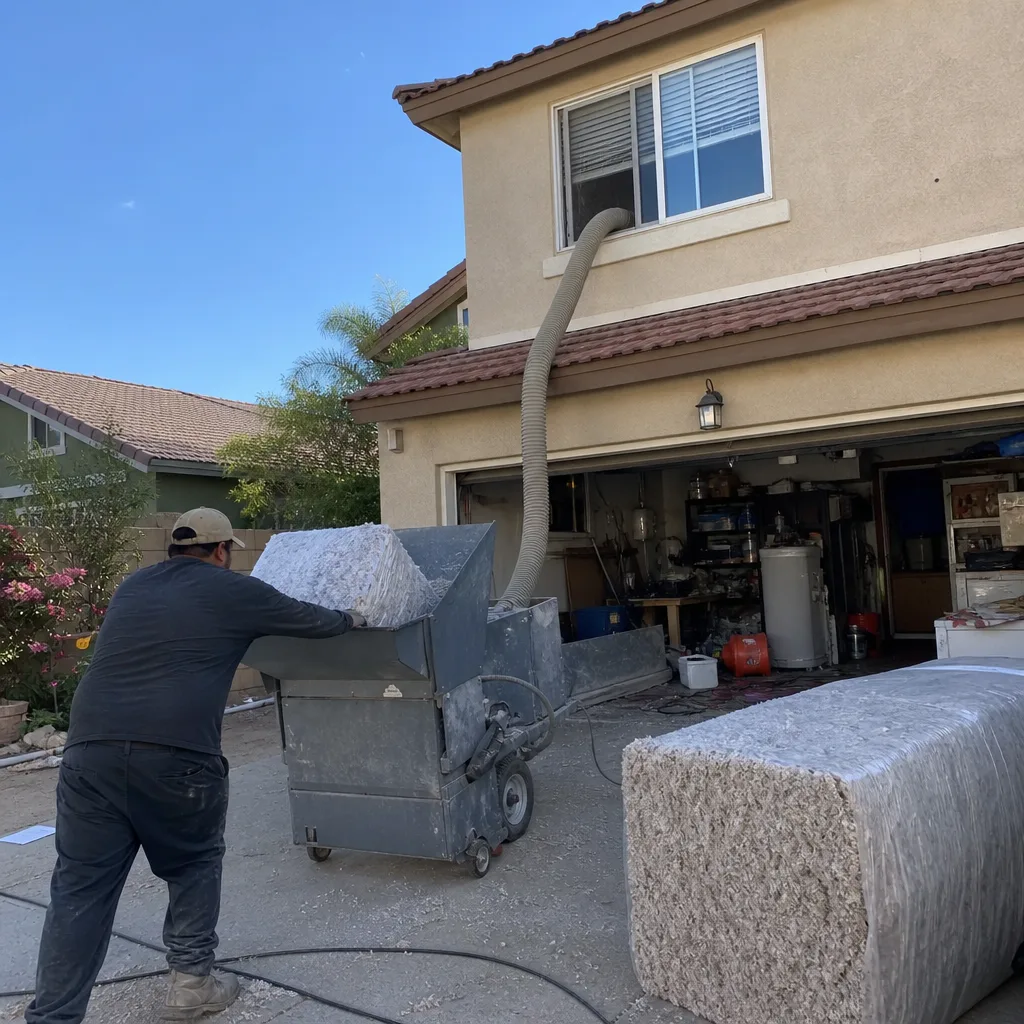 Worker using blown-in insulation machine to install home attic insulation