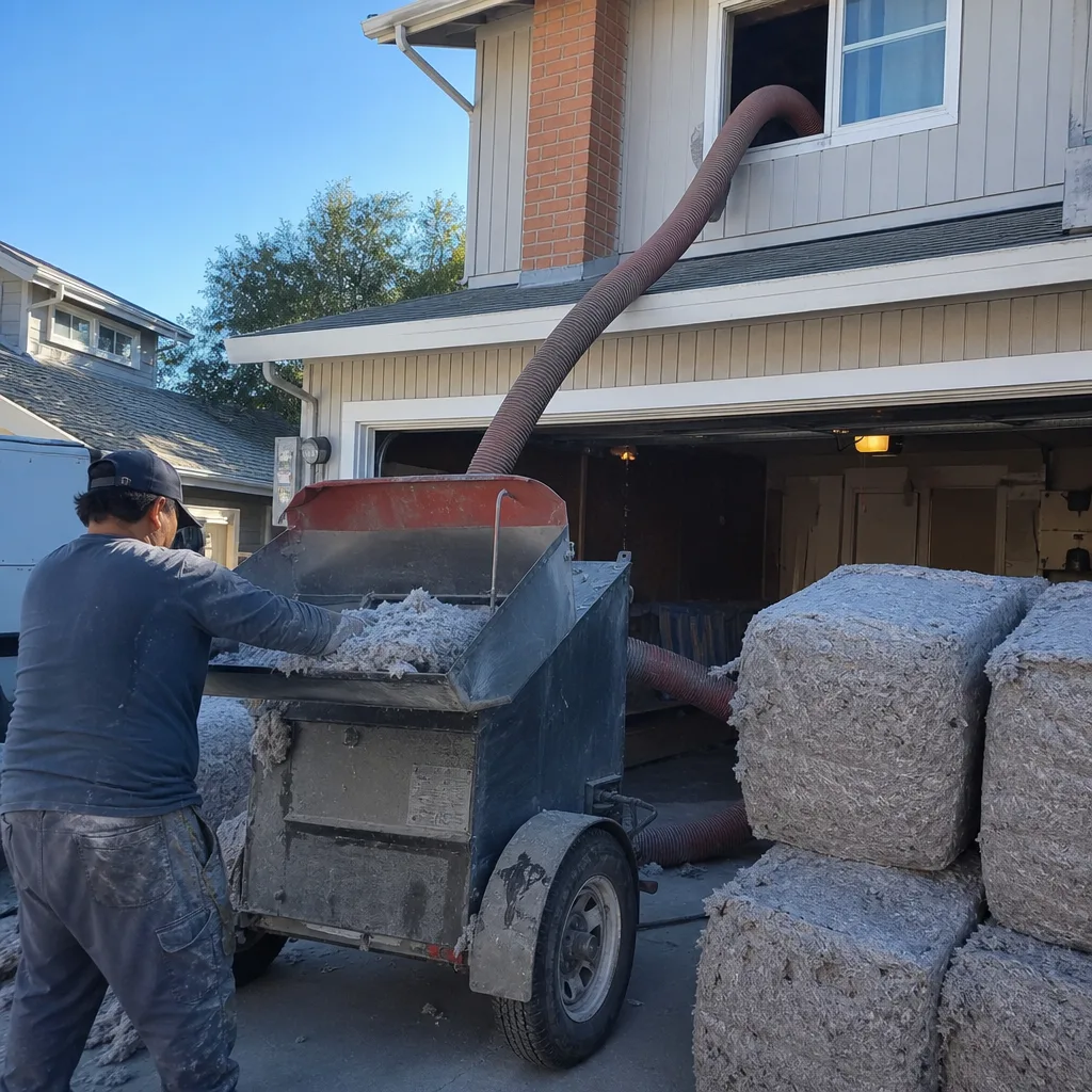 Worker using blower machine for residential attic blown-in insulation installation