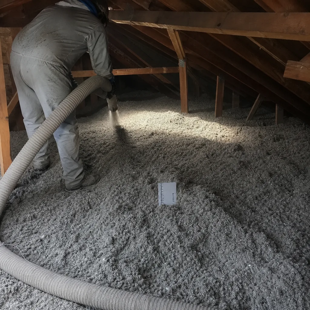 Technician installing blown-in cellulose insulation in an attic