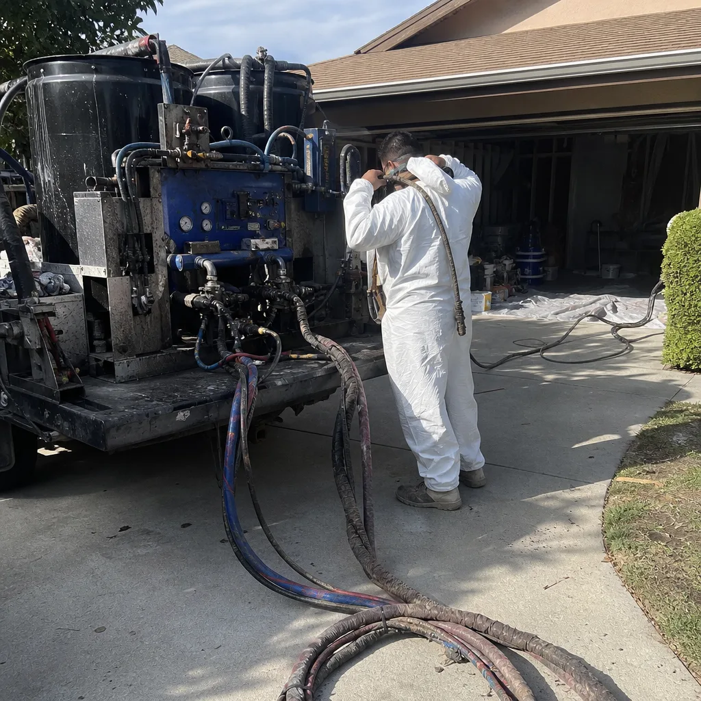 Contractor operating professional spray foam insulation equipment for residential home improvement