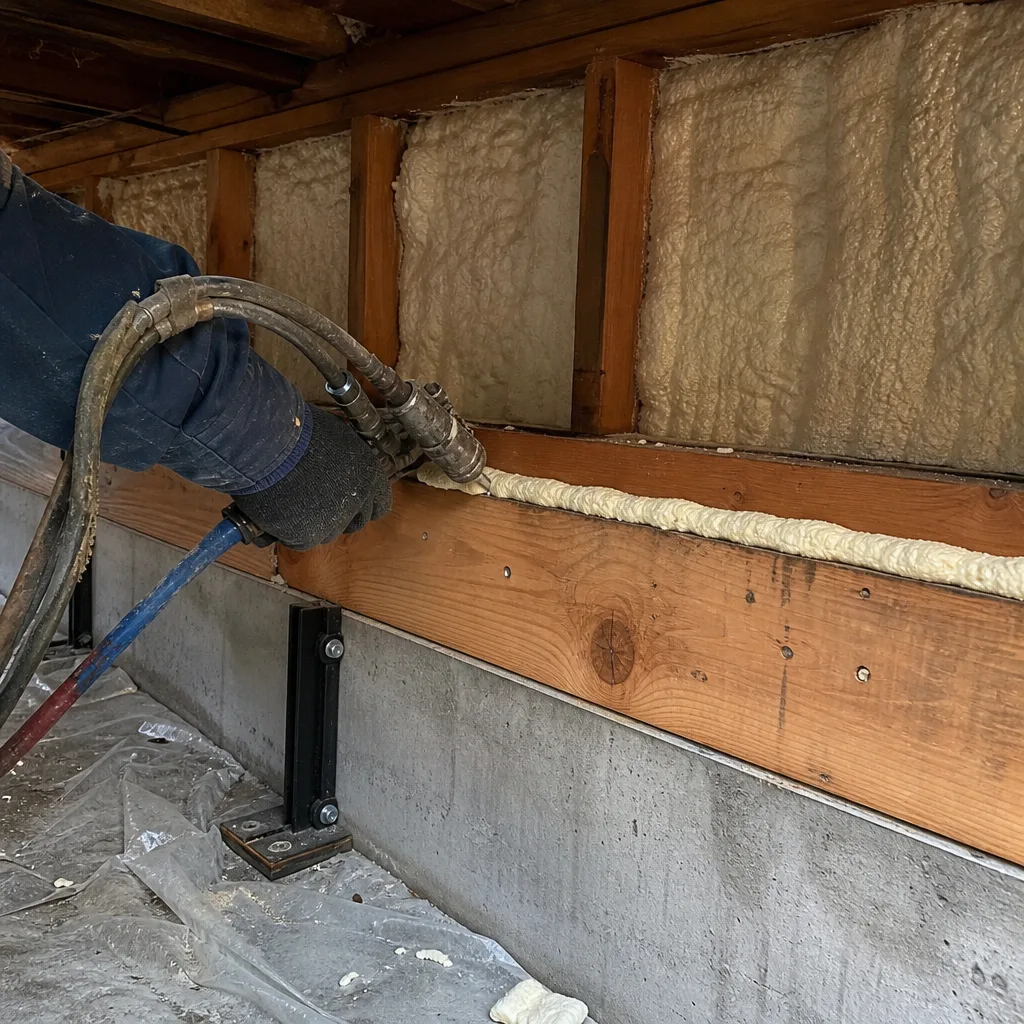 Professional applying spray foam insulation to basement rim joist.