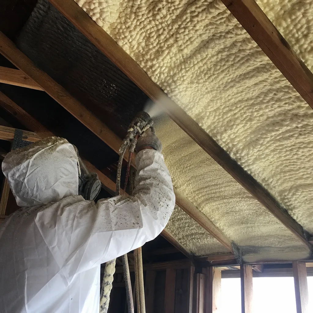 Contractor applying professional spray foam insulation to a roof