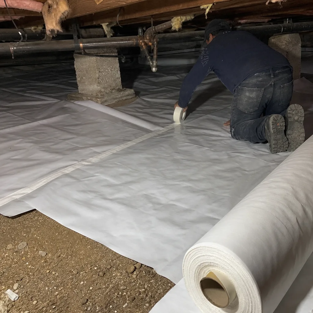 Contractor installing crawl space vapor barrier encapsulation in Commerce, CA