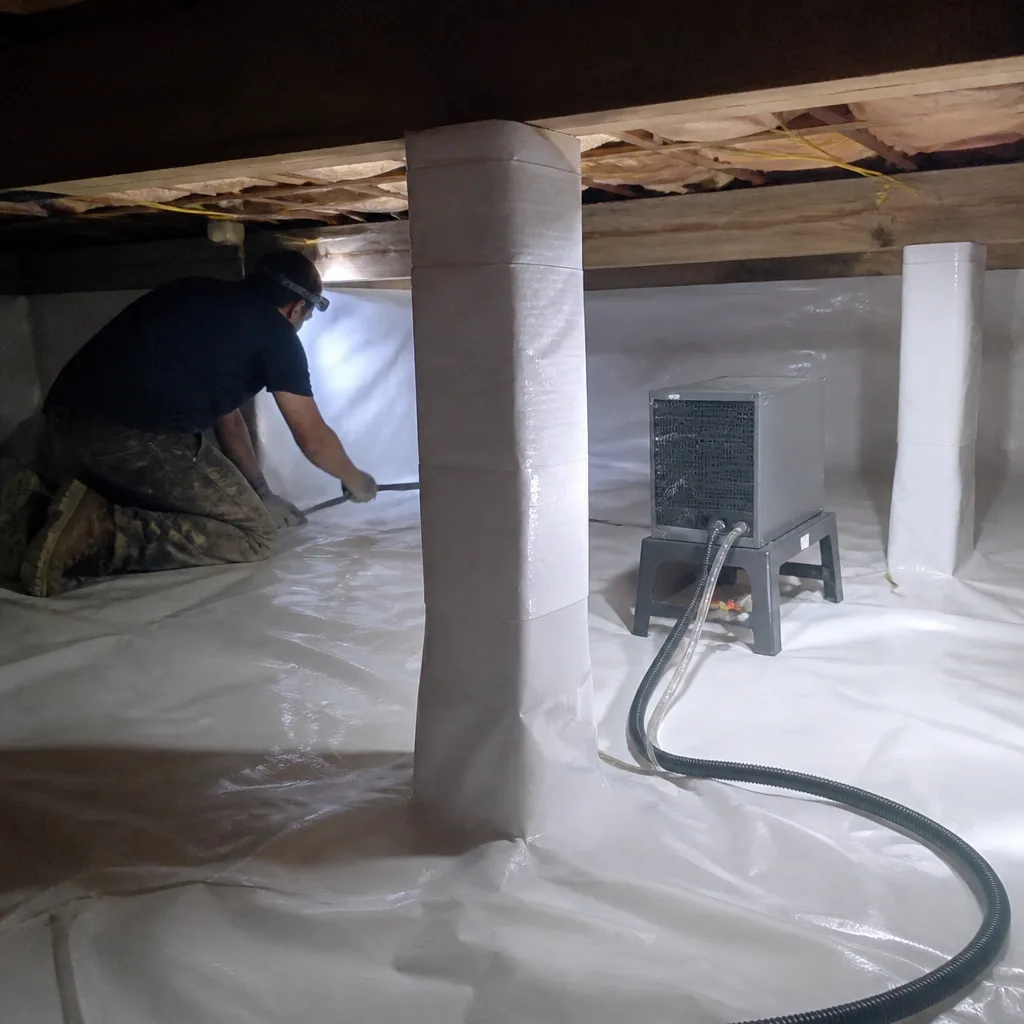Technician performing professional crawl space encapsulation and vapor barrier installation in Commerce, CA