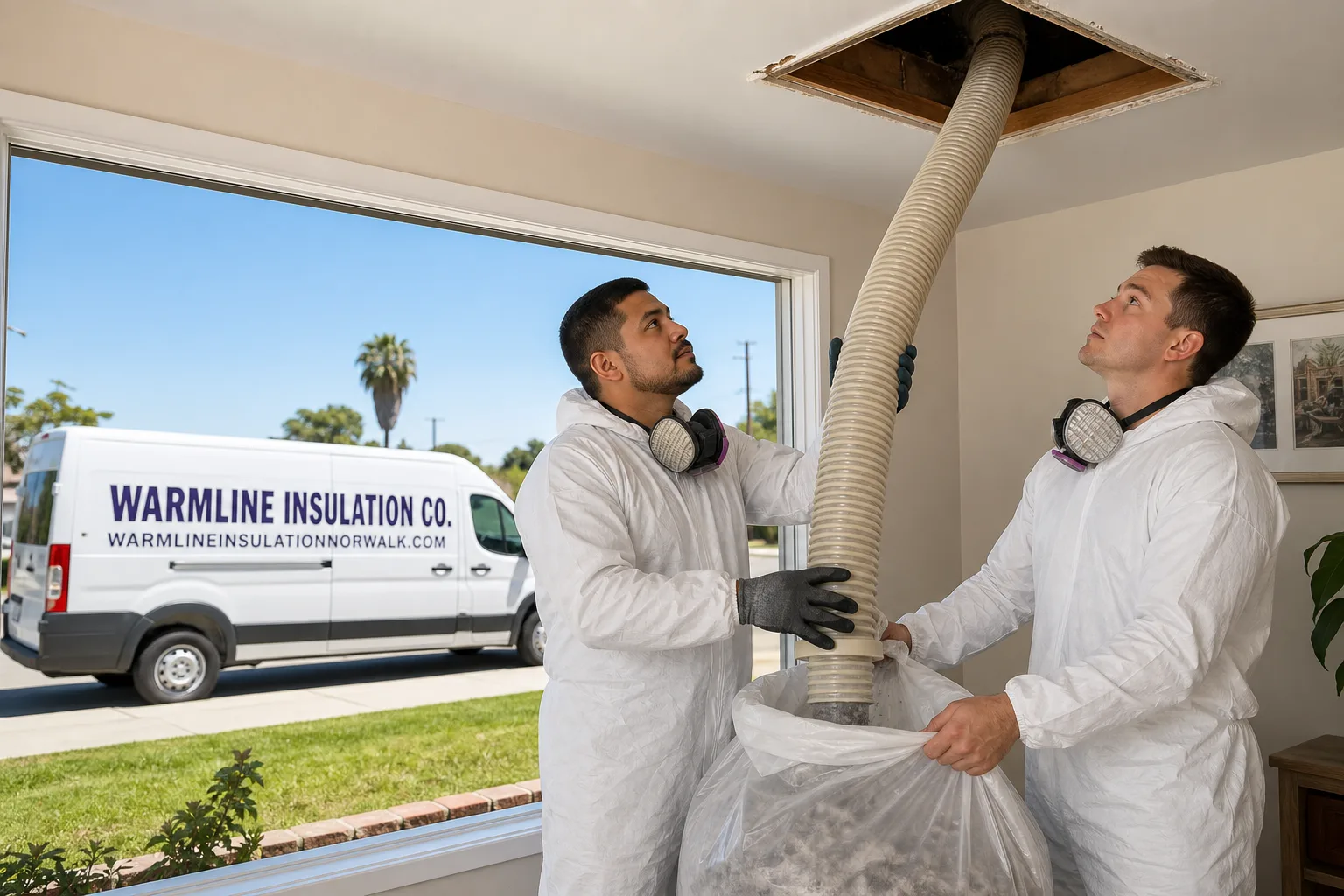Warmline Insulation Co. insulation service vehicle and crew in Norwalk, CA